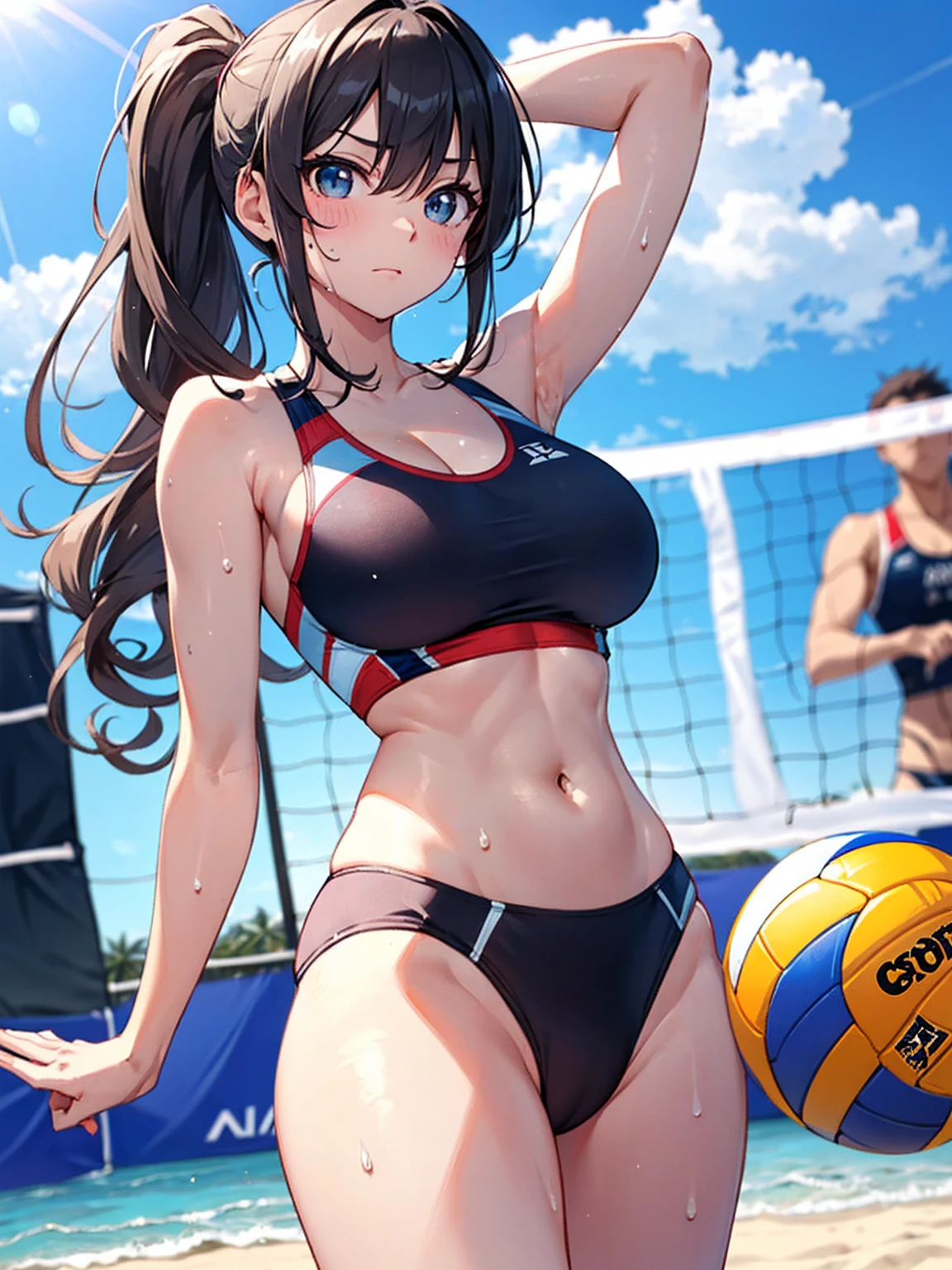 (Sweat, White skin:1.5、Light gray sports bra, ), cameltoe, Fitness, , ((Beach volleyball swimsuit)),Big Breasts, Sturdy body、((Big Eyes in Anime))