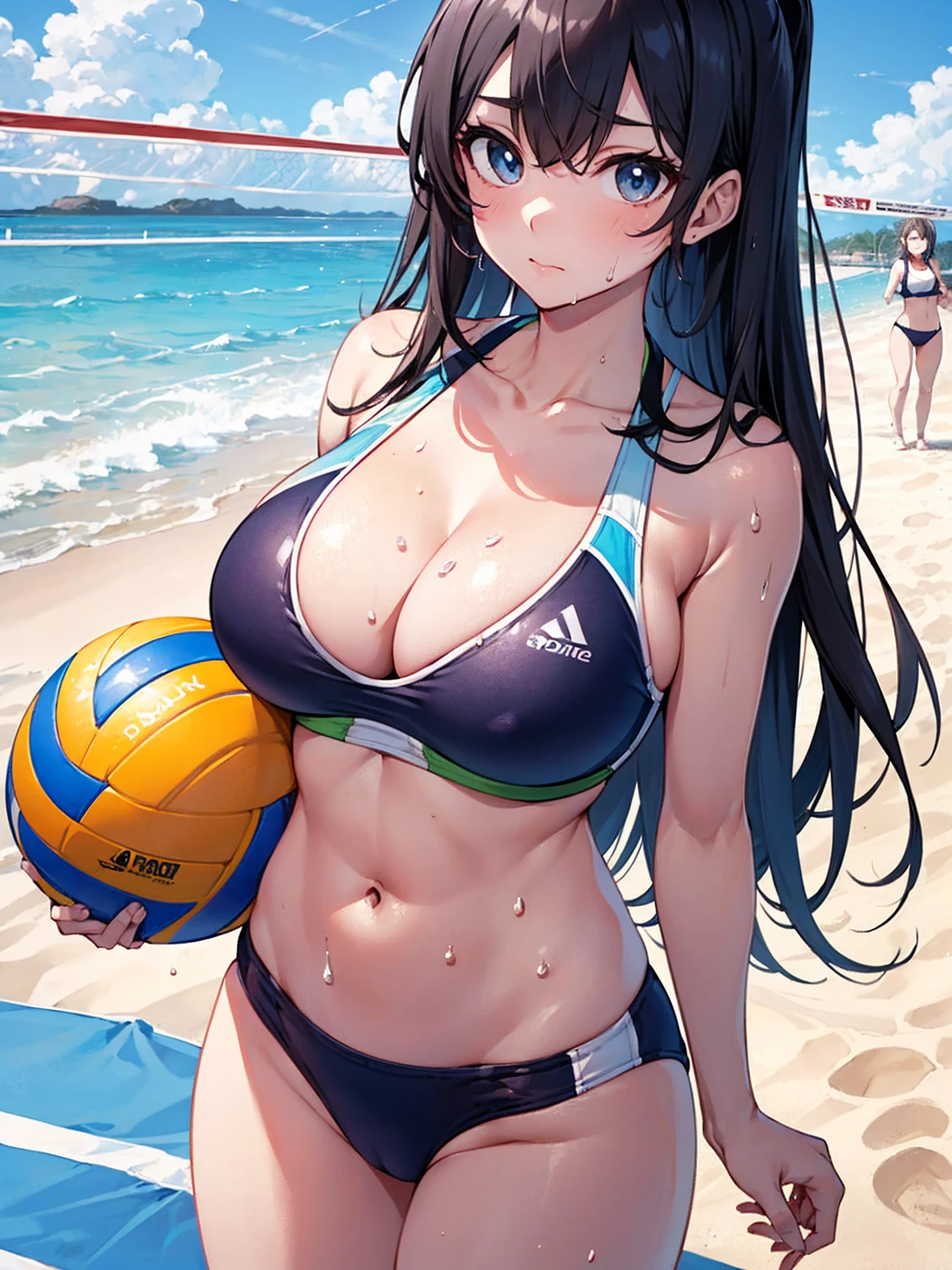 （Sweat, White skin:1.5、Light gray sports bra, ）, cameltoe, Fitness, , ((Beach volleyball swimsuit)),Big Breasts, Sturdy body、((Big Eyes in Anime))
