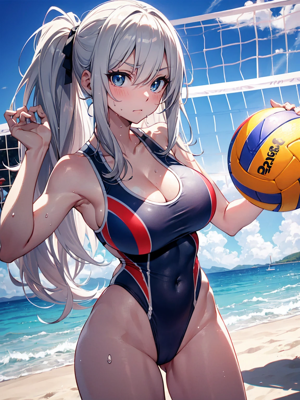 (Sweat, White skin:1.5、Light gray sports bra, ), cameltoe, Fitness, , ((Beach volleyball swimsuit)),Big Breasts, Sturdy body、((Big Eyes in Anime))