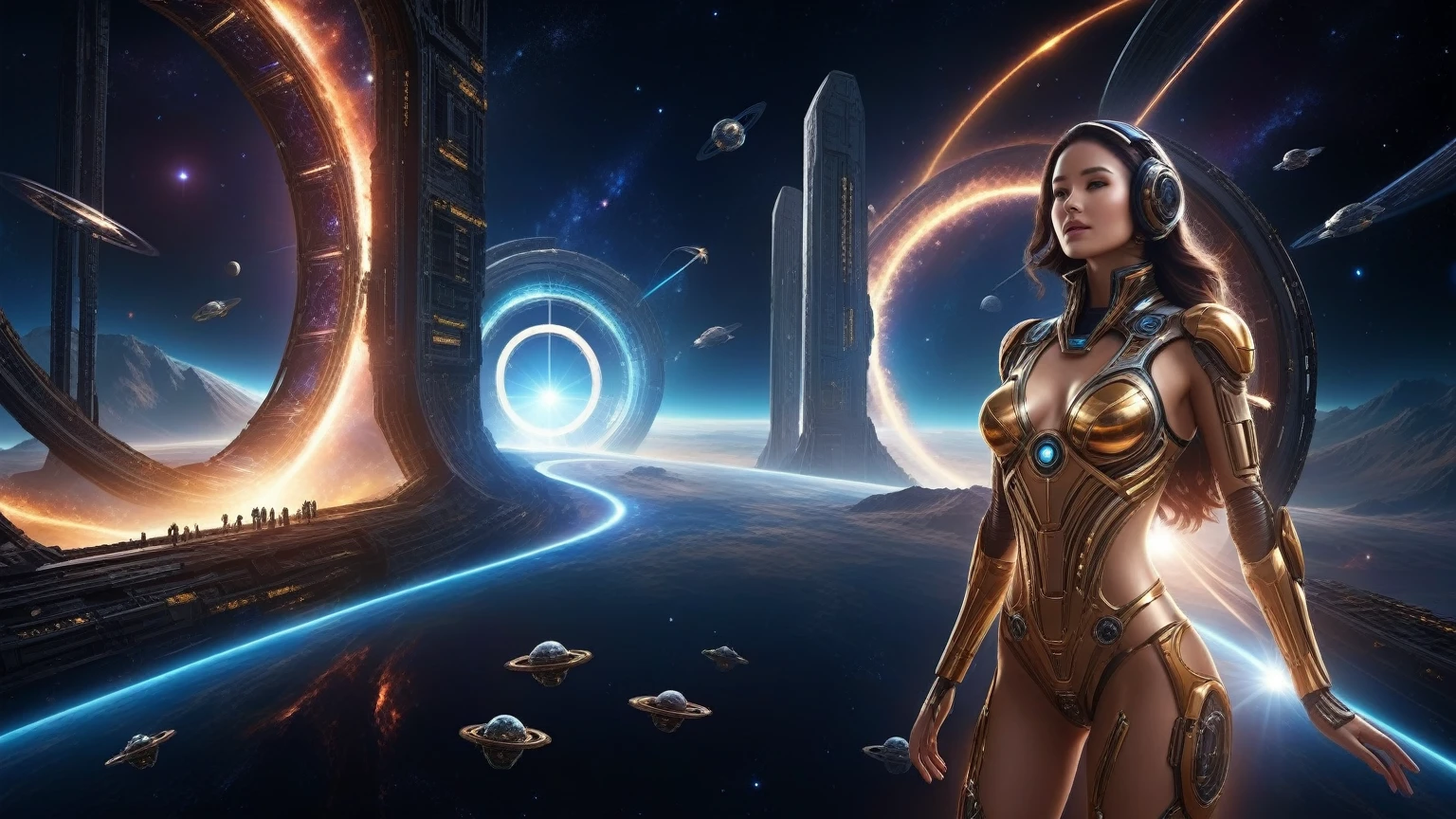dark space of the universe, large artificial high-tech ring gate flies through space and time, flying sci-fi vehicle, cosmic light and the ancient energy of the Universe burst out from the depths of these gates and transport the viewer to other worlds, where it's light and cozy, sci-fi. (((1girl, solo, alone))), large-breast:1.2 slim body, cleavage:1.1, sexy elegant miniskirt, (((headphone, black sunglasses, standing and holding pistol pose))), (((half-body thigh level medium shot))), cinematic lighting, lens flare, ray tracing.