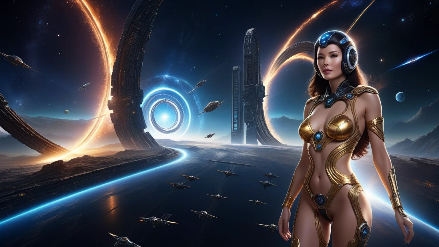 dark space of the universe, large artificial high-tech ring gate flies through space and time, flying sci-fi vehicle, cosmic light and the ancient energy of the Universe burst out from the depths of these gates and transport the viewer to other worlds, where it&#39;s light and cozy, sci-fi. (((1girl, solo, alone))), large-:1.2 slim body, cleavasexy elegant mskirt, (((headphone, black sunglasses, standing and holding pistol pose))), (((half-body thigh level medium shot))), cinematic lighting, lens flare, ray tracing.