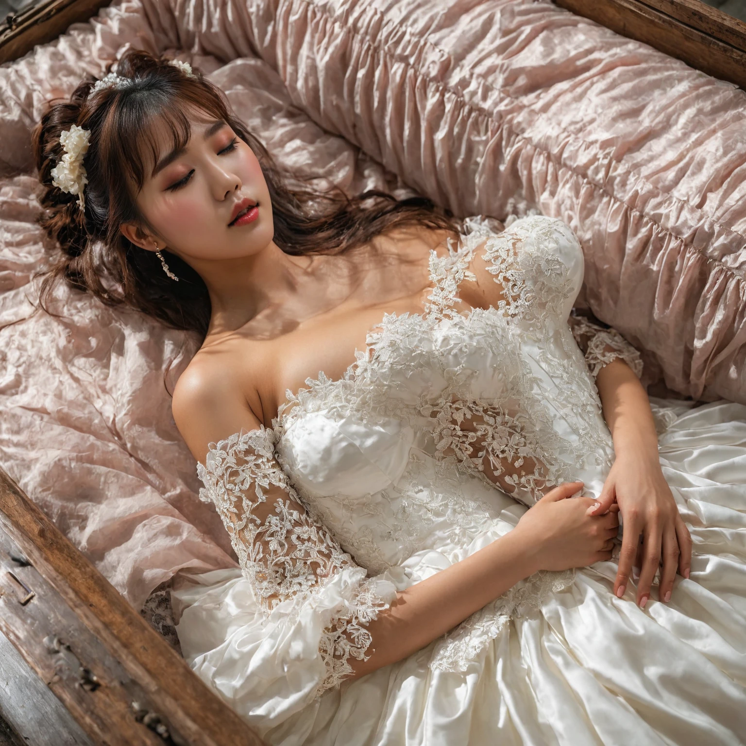 A provocative and sensual image unfolds before us. Two Korean girls, 22 years old, lie asleep in a deep, black coffin surrounded by plush pillows. They wear see-through wedding dresses with lace details, off-shoulder designs, sleeve, and huge skirts that cascade around their bodies. The dresses are cut low to showcase their beautiful breasts, fixed with a subtle cleavage cutout. Their faces are flawless, with perfect eyebrows, eyelashes, and skin tone. One girl's hair is styled in a ponytail with bangs framing her face, while the other has a bun adorned with wisps of hair framing her closed eyes. The overall atmosphere is one of intimacy and sensuality, with saturated colors enhancing the mood. Note the visible breasts and perfectly manicured hands that peek out from beneath the skirts, which are strategically covered to conceal their legs, ba11g0wn
