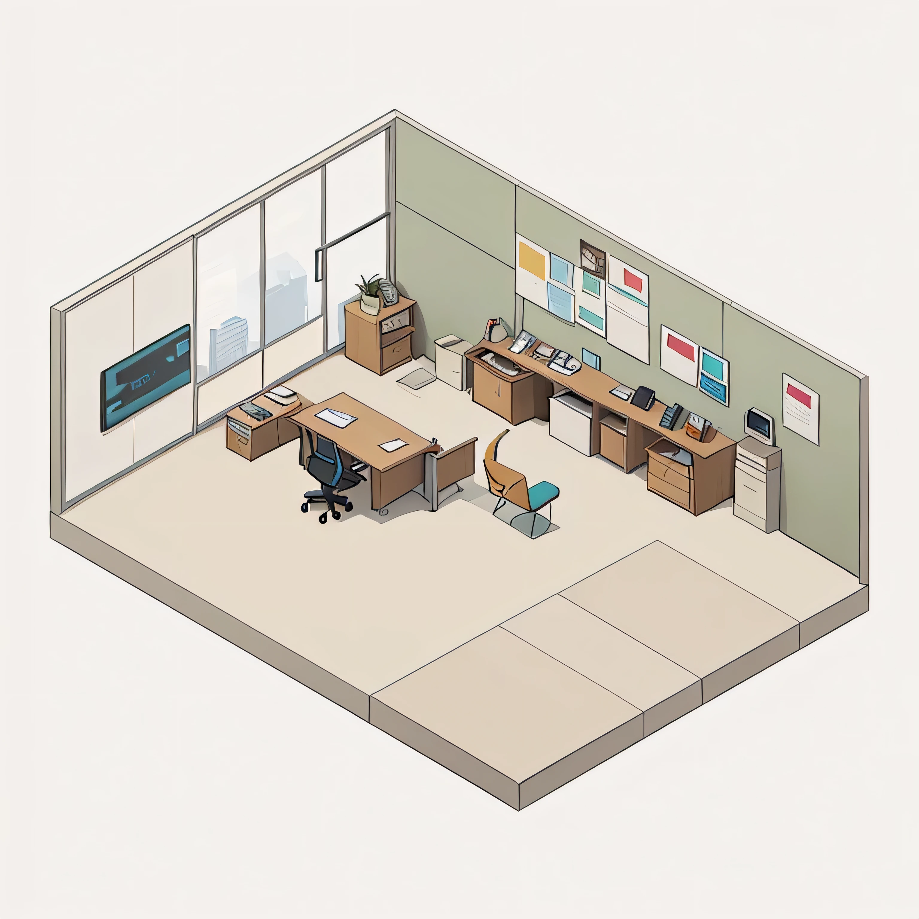Quality first, Masterpiece in detail, Rich details, Isometric 8k, An Empty Office, There is no furniture in the office, No People, No Chair, Rich in color, comic style