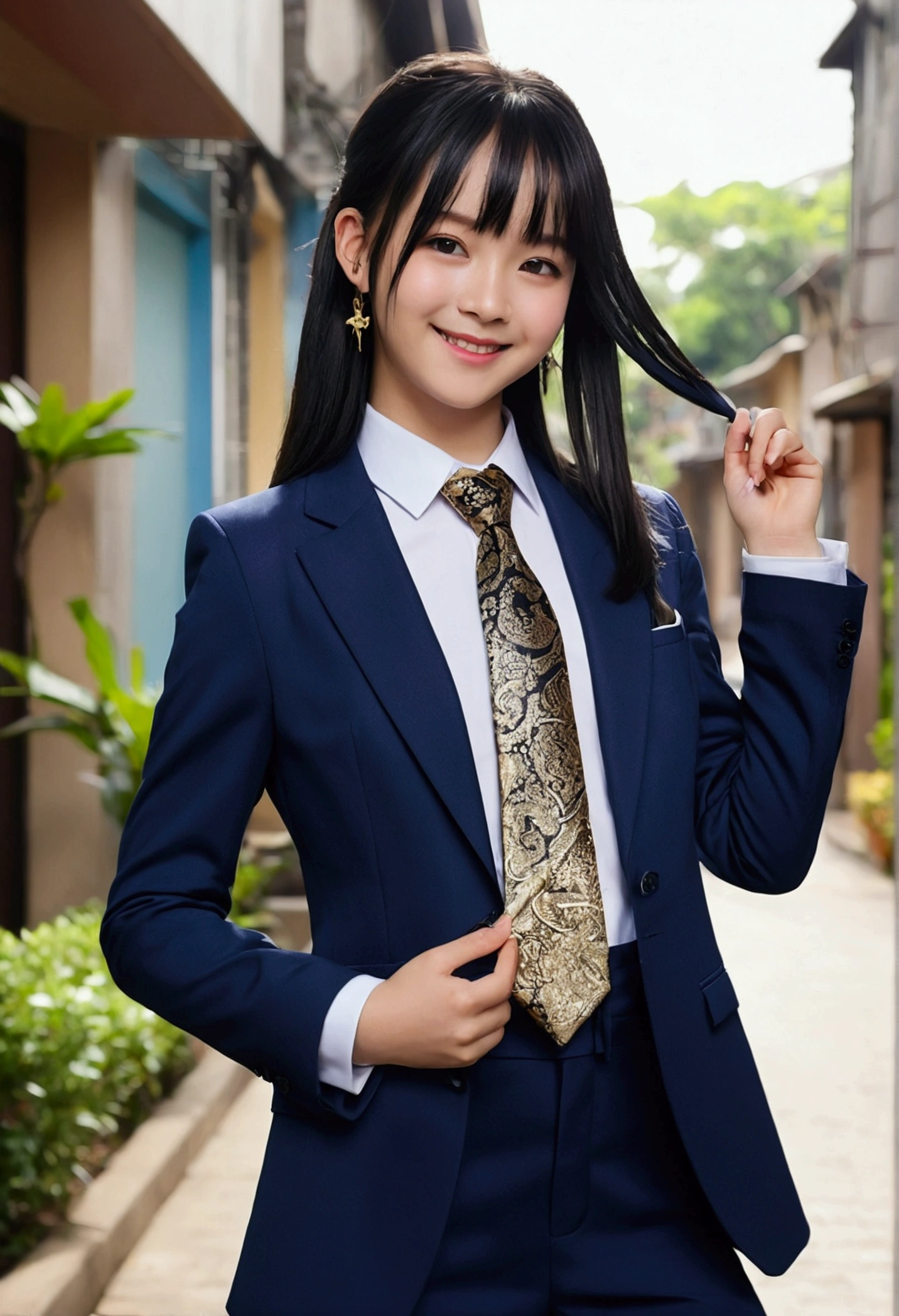 (Tabletop, Highest quality:1.2), 8k, Official Art, Full body photo, Whole Body Ezbian、Emma is tying her tie.pants、Cute Smile、Cute ass、Keep your bag cool、Black-haired、14 years、、fun、Laughter、unbelievably ridiculous, (Upper Body, Dark blue suit:Cute tie 1.4), beautiful girl, Pretty face, lean back, Cute ass、Gold ornament in hair、Wearing a cute suit、Strike a Pose、Raise your hands、close, Wearing a suit, Short sleeve, Gardenia, Violet, Teen, street, View your viewers, Film Grain, chromatic aberration, Sharp focus, Face Light, Dynamic Lighting, Cinema Lighting, Eye and facial details, Bokeh Background, (A tie with the word &quot;Emma&quot; written on it、1:1.2)