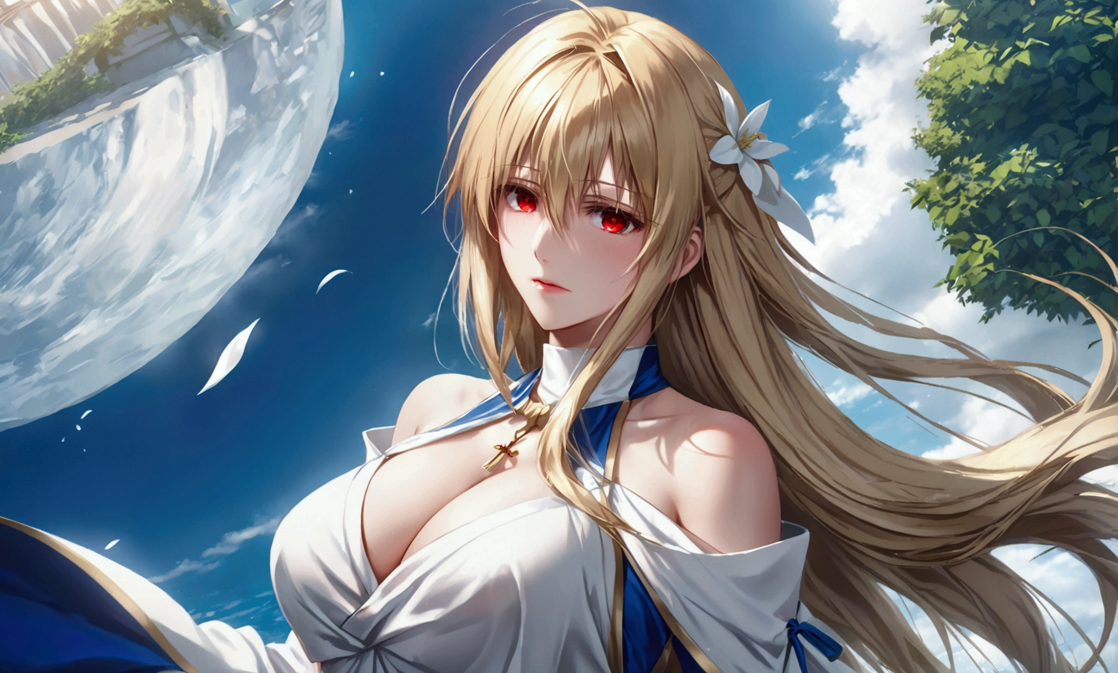 1girl, arcueid brunestud, solo, breasts, long hair, blonde hair, red eyes, cleavage, large breasts, dress, bare shoulders, detached sleeves, very long hair, arcueid, (best quality,4k,8k,highres,masterpiece:1.2),ultra-detailed,(realistic,photorealistic,photo-realistic:1.37),detailed facial features,highly detailed eyes,extremely detailed and intricate, digital painting, cinematic lighting, dramatic lighting, volumetric lighting, vibrant colors, warm colors