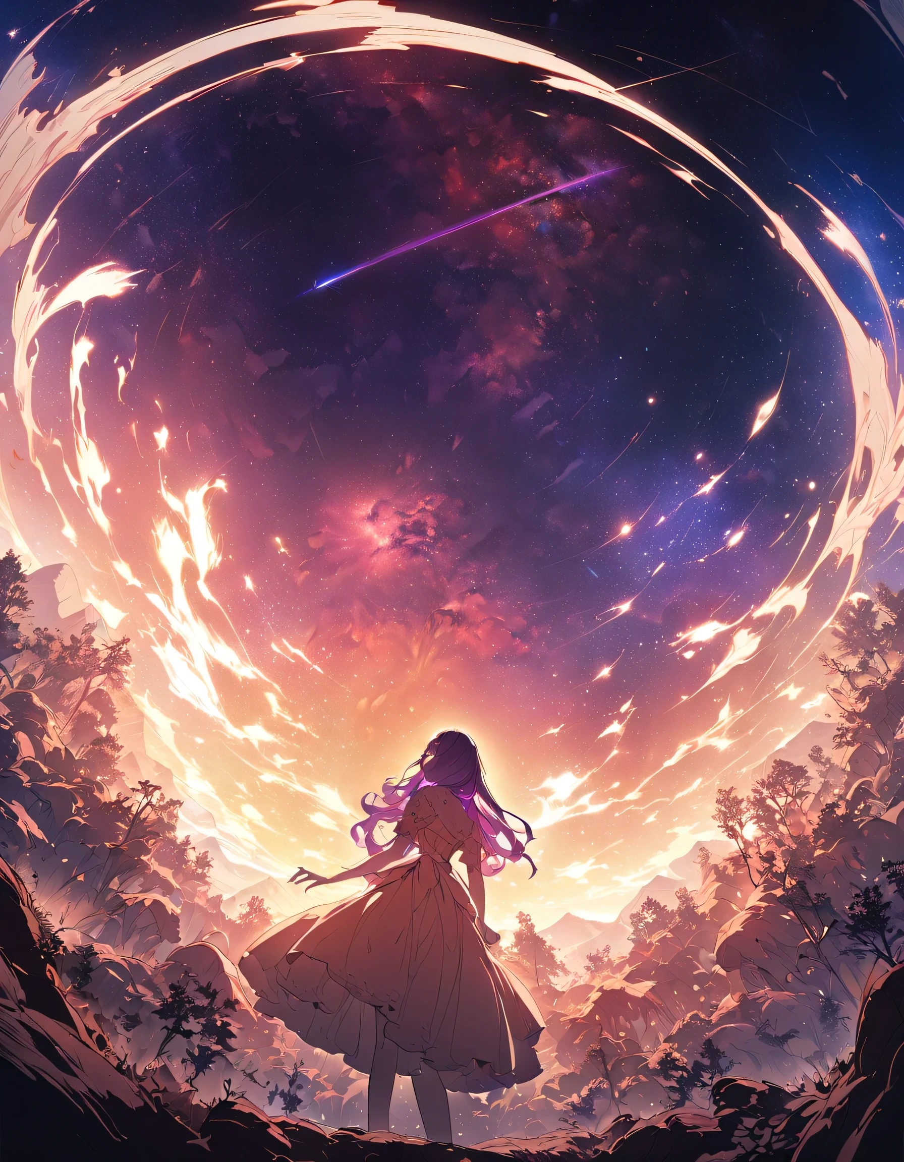 One girl, Beautiful and fine details, Long purple hair, Pale red eyes, Princess Dress, Glowing Skin, resolution, (Anime Style:1.6)High Contrast, ((Mastepiece, Highest quality))Vast landscape photography, (View from below with views of the sky and wilderness below), Girl looking up, (full moon: 1.2), (shooting star: 0.9), (nebula: 1.3), Distant Mountain, Treebreak Production Art, (Warm light source: 1.2), (fire Fly: 1.2), Purple and Orange, Intricate details, Volumetric Lighting, Realism Break (Mastepiece: 1.2) (Highest quality), 4K, Super detailed, (Dynamic Configuration: 1.4), Extremely detailed and colorful, (Iridescent colors: 1.2), (Brilliant lighting, Ambient lighting), dream-like, Magic, (alone: 1.5) Perfect Fingers