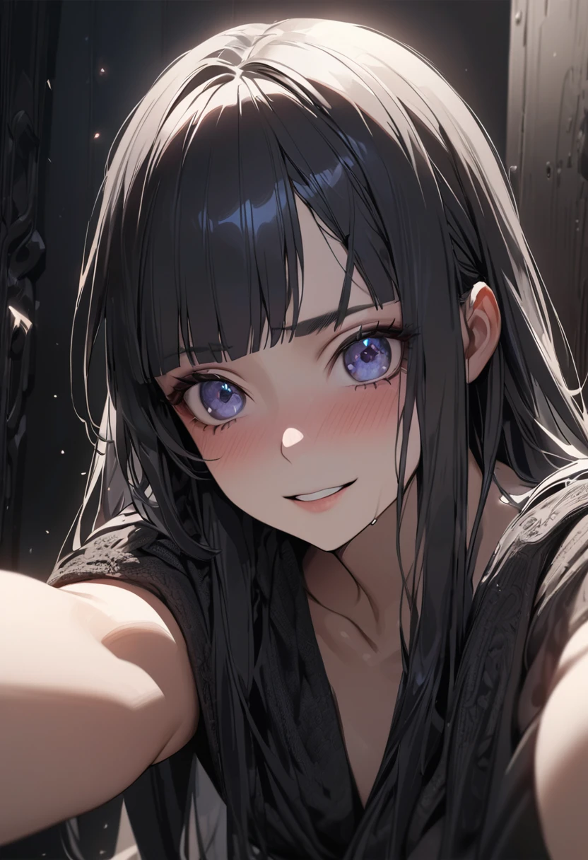 (Ultra-realistic), (figure), (Increased resolution), (8k), (Very detailed), (Best figure), (Beautiful and detailed), (Highest quality), (Super detailed), (masterpiece ), ( wallpaper), (Detailed face), alone, 1 girl, View your viewers, Fine details, Detailed face, In the Dark, Deep Shadow, Modest, Pure Erotic Face Ace_v1, smile, Long Hair, Black shawl straight hair , 46 point diagonal bangs,be scared,nsfw
