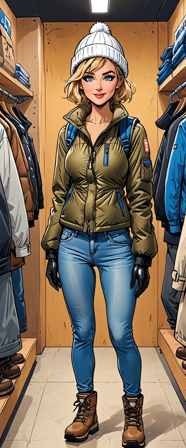 ((white changing room in the store)), smile, cloth store,fullbody, girl in Blue down jacket and levis (jeans) and gloves and hiking boots and 
winter synthetic vest and winter pants and (winter hat) in a dynamic pose, adult, [Nordic], Hourglass elongated fitness body, perfect Olive skin, Oval Face, Long neck, Rounded shoulders, perfect hand, Attached Pointed ears, round forehead, (Short blonde Waves pixie hair), snub nose, Arched eyebrows, ((Monolid blue Eyes)), High Round Narrow cheekbones, Dimpled Cheeks, Rounded Chin, Rounded Jawline, Full nude Lips, (blue eyes), Nude Makeup Look, long eyelashes, third breast size, ong slim fitness legs, graphic style of novel comics, perfect hands, 2d, 8k, hyperrealism, masterpiece, high resolution, best quality, ultra-detailed, super realistic, Hyperrealistic art, high-quality, ultra high res, highest detailed, lot of details, Extremely high-resolution details, incredibly lifelike, colourful, soft cinematic light,