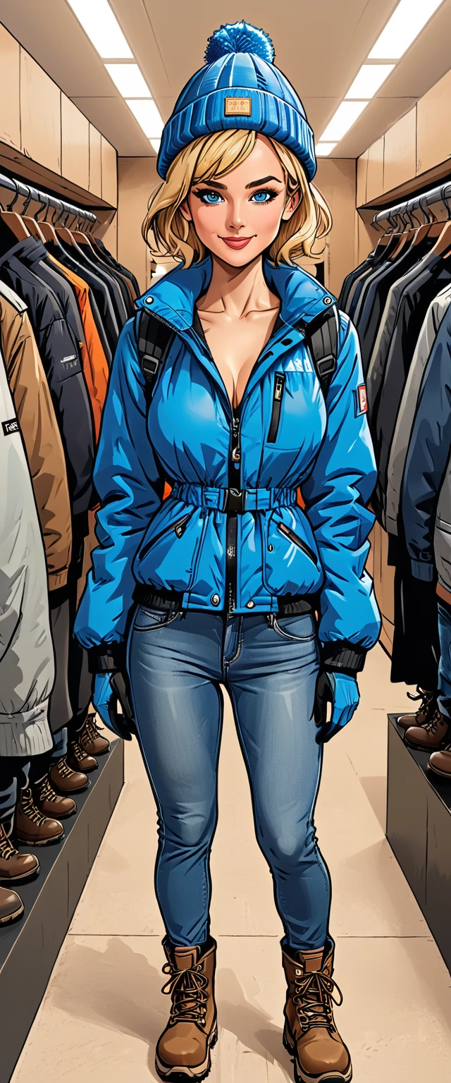 ((white changing room in the store)), smile, cloth store,fullbody, girl in Blue down jacket and levis (jeans) and gloves and hiking boots and 
winter synthetic vest and winter pants and (winter hat) in a dynamic pose, adult, [Nordic], Hourglass elongated fitness body, perfect Olive skin, Oval Face, Long neck, Rounded shoulders, perfect hand, Attached Pointed ears, round forehead, (Short blonde Waves pixie hair), snub nose, Arched eyebrows, ((Monolid blue Eyes)), High Round Narrow cheekbones, Dimpled Cheeks, Rounded Chin, Rounded Jawline, Full nude Lips, (blue eyes), Nude Makeup Look, long eyelashes, third breast size, ong slim fitness legs, graphic style of novel comics, perfect hands, 2d, 8k, hyperrealism, masterpiece, high resolution, best quality, ultra-detailed, super realistic, Hyperrealistic art, high-quality, ultra high res, highest detailed, lot of details, Extremely high-resolution details, incredibly lifelike, colourful, soft cinematic light,