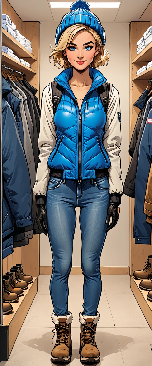 ((white changing room in the store)), smile, cloth store,fullbody, girl in Blue down jacket and levis (jeans) and gloves and hiking boots and 
winter synthetic vest and winter pants and (winter hat) in a dynamic pose, adult, [Nordic], Hourglass elongated fitness body, perfect Olive skin, Oval Face, Long neck, Rounded shoulders, perfect hand, Attached Pointed ears, round forehead, (Short blonde Waves pixie hair), snub nose, Arched eyebrows, ((Monolid blue Eyes)), High Round Narrow cheekbones, Dimpled Cheeks, Rounded Chin, Rounded Jawline, Full nude Lips, (blue eyes), Nude Makeup Look, long eyelashes, third breast size, ong slim fitness legs, graphic style of novel comics, perfect hands, 2d, 8k, hyperrealism, masterpiece, high resolution, best quality, ultra-detailed, super realistic, Hyperrealistic art, high-quality, ultra high res, highest detailed, lot of details, Extremely high-resolution details, incredibly lifelike, colourful, soft cinematic light,