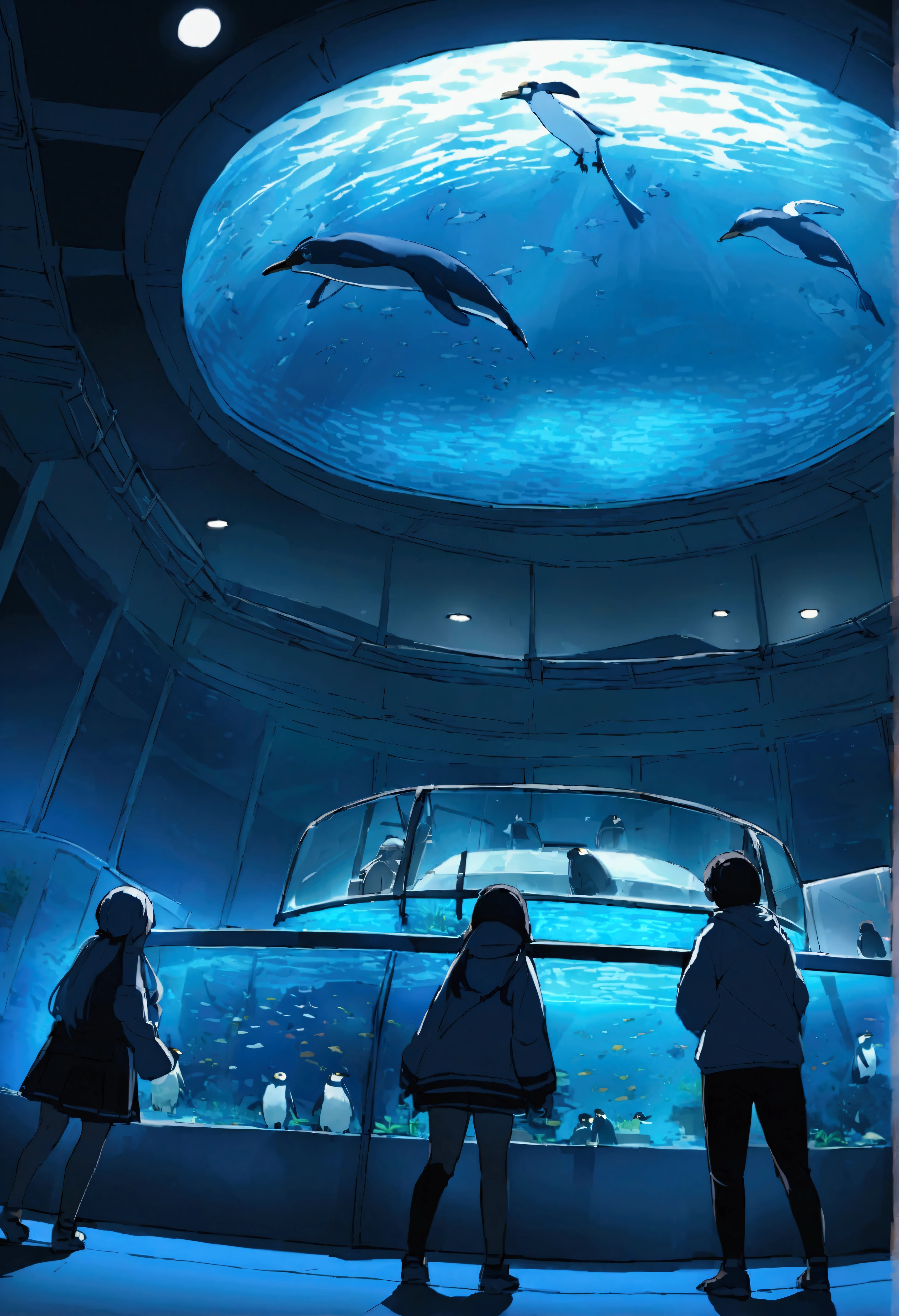 aquarium、Huge aquarium、Large single glass aquarium、Dimly lit interior、Quiet atmosphere、View angle from behind、Huge aquarium、Penguin tank、Very large aquarium、Penguins swim like they're flying、The tank is filled with water、