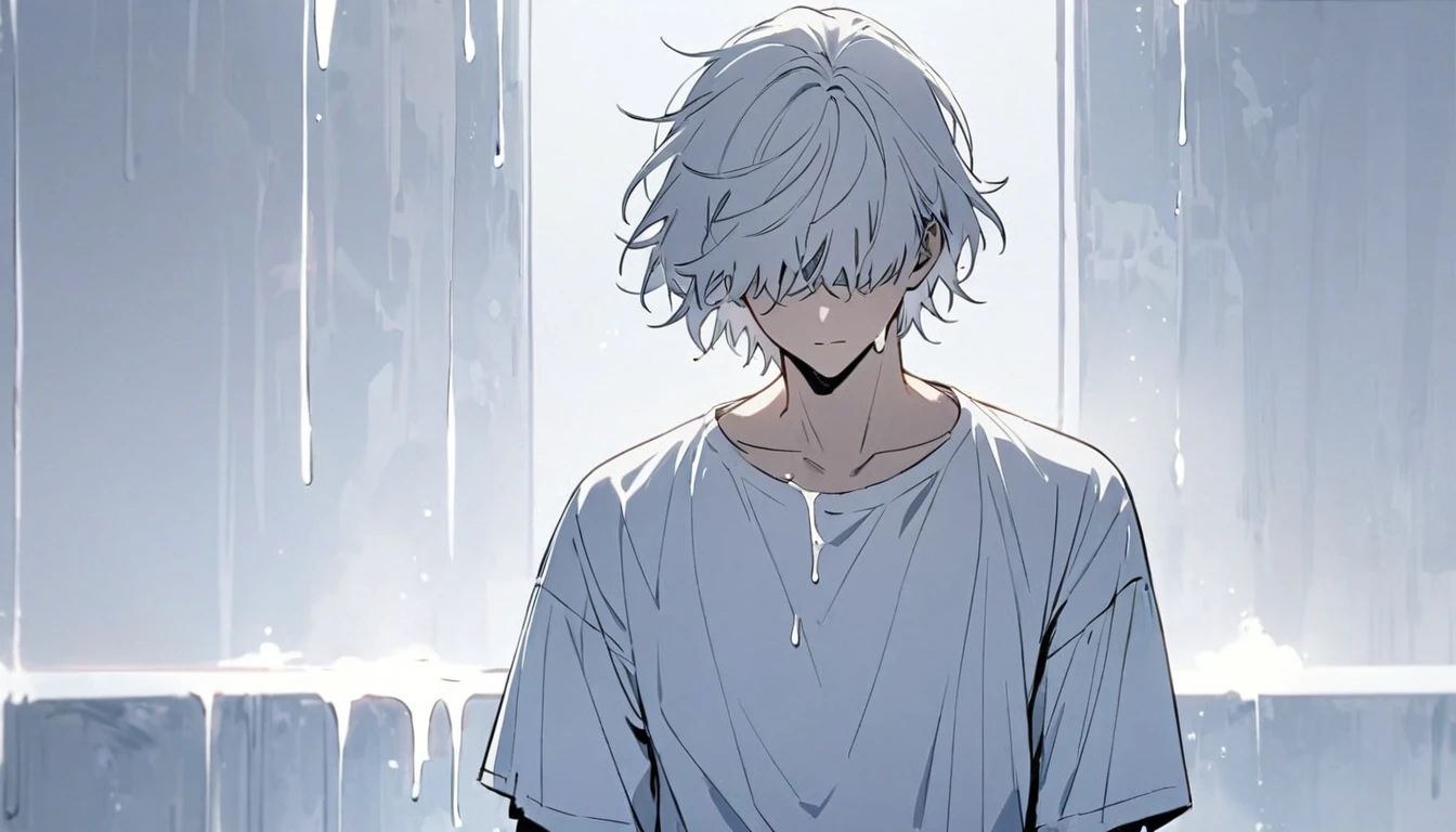 Man with fluid dripping from his upper body, white hair, hair covering his eyes, handsome, alone, stopping for a moment, full body, women's shirt, pure white room