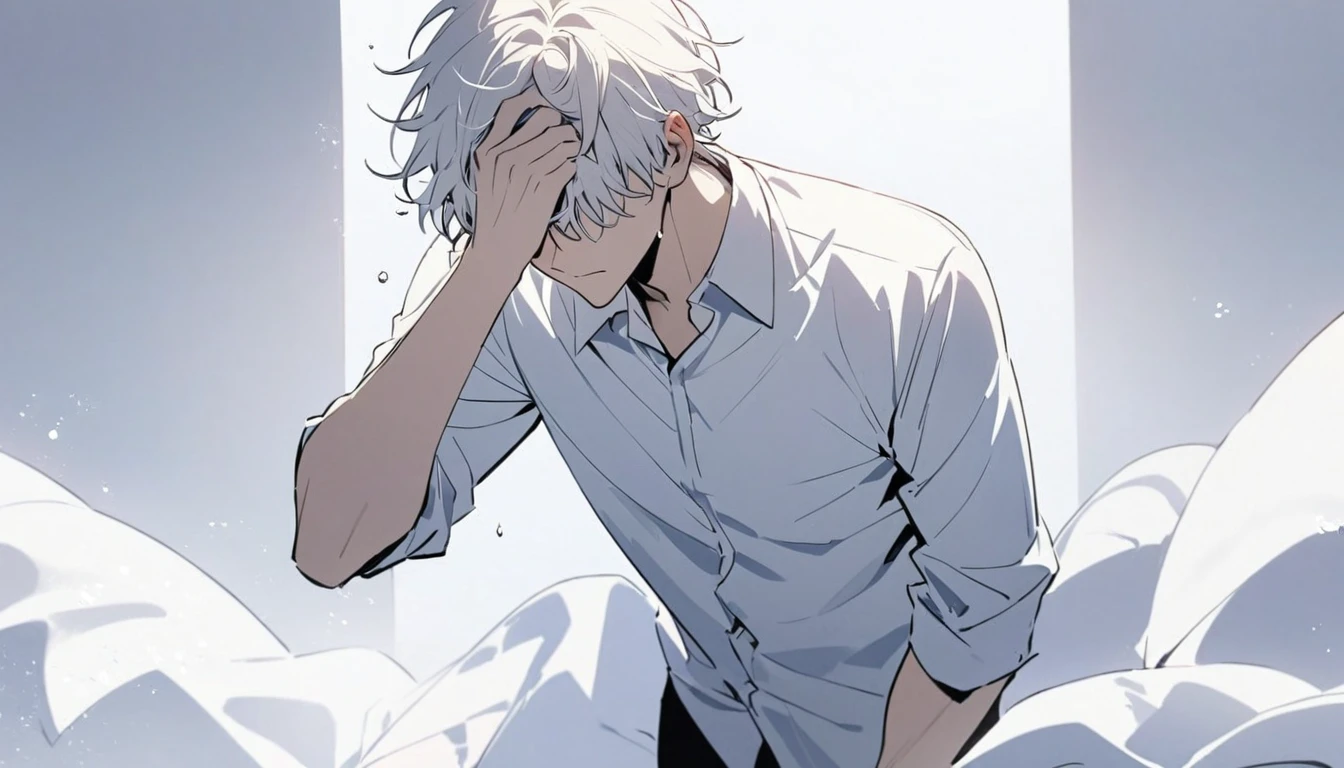 Man with fluid dripping from his upper body, white hair, hair covering his eyes, handsome, alone, stopping for a moment, full body, women's shirt, pure white room