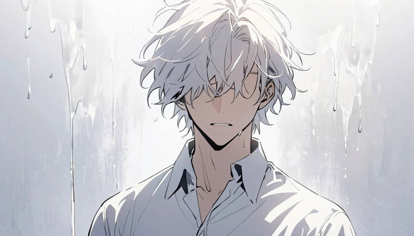 Man with fluid dripping from his upper body, white hair, hair covering his eyes, handsome, alone, stopping for a moment, full body, women's shirt, pure white room