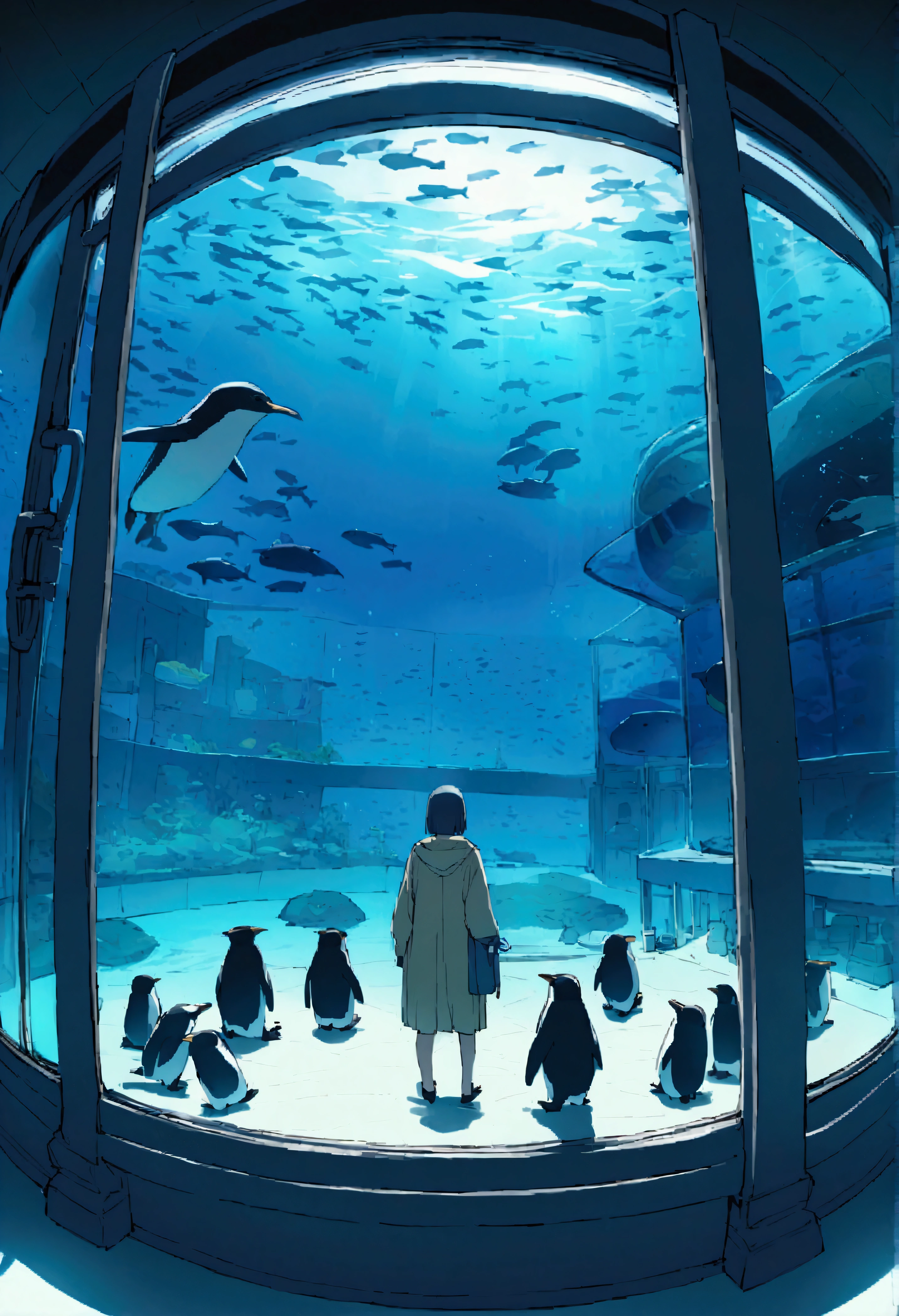 aquarium、Huge aquarium、Large single glass aquarium、Dimly lit interior、Quiet atmosphere、View angle from behind、Huge aquarium、Penguin tank、Very large aquarium、Penguins swim like they're flying、The tank is filled with water、