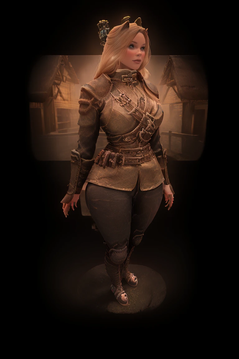 1 girl, masterpiece, 32 yo, female breton beauty sits outdoors in a rustic Skyrim village, surrounded by thatched roofs and lush greenery. The sun casts a warm glow on her porcelain skin as she gazes directly into the camera lens, her piercing green eyes sparkling with a hint of mischief. Her raven tresses cascade down her back like a waterfall, framing her heart-shaped face. A gentle smile plays on her lips, inviting the viewer to step into her whimsical world. blonde hair, fit body, Skyrim style, (female front view:1:3), looking at the viewer