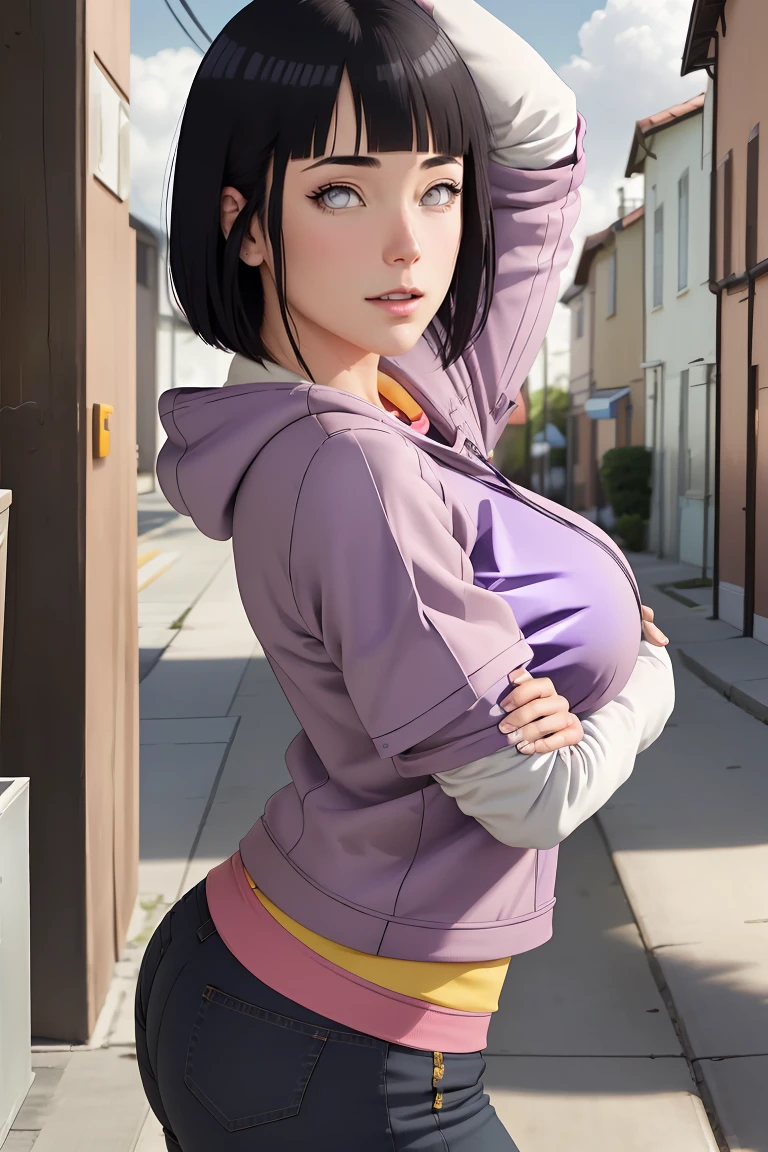 master part, absurderes, hinata\(boruto\), 1 girl, standing alone,mature woman, purple hoodie,layered sleeves, Short jeans marrom, plein-air, cloudy sky, Perfect composition, circumstantial lips, large breasted, pretty face, Body Proportion, blush, (pink lips), short black hair (black hairr), lilac eyes, smooth appearance, super realistico, circunstanciado, photoshoot, realistic face and body, realistic hair, realisticeyes, realistic nose, realistic lips, brown jeans, animadas, dancing lightly. on your back, with chin under shoulder, looking back sensually, sorriso sexly, mouth shut. different pose, sexly.