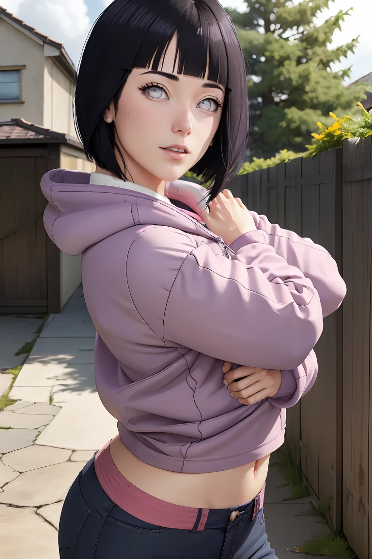 master part, absurderes, hinata\(boruto\), 1 girl, standing alone,mature woman, purple hoodie,layered sleeves, Short jeans marrom, plein-air, cloudy sky, Perfect composition, circumstantial lips, large breasted, pretty face, Body Proportion, blush, (pink lips), short black hair (black hairr), lilac eyes, smooth appearance, super realistico, circunstanciado, photoshoot, realistic face and body, realistic hair, realisticeyes, realistic nose, realistic lips, brown jeans, animadas, dancing lightly. on your back, with chin under shoulder, looking back sensually, sorriso sexly, mouth shut. different pose, sexly.
