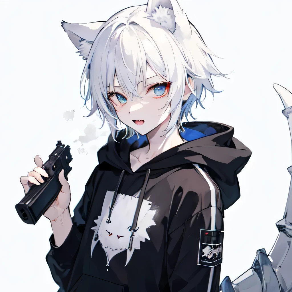 1Boy, Boyish, Catboy, Fangs Showing, Ultra-detailed Ice-colored Dragon Eyes, Eye-focus, Snow-White Hair, Head Shot, Cute Expression, Tight Hoodie, 2 gun, Plain Background