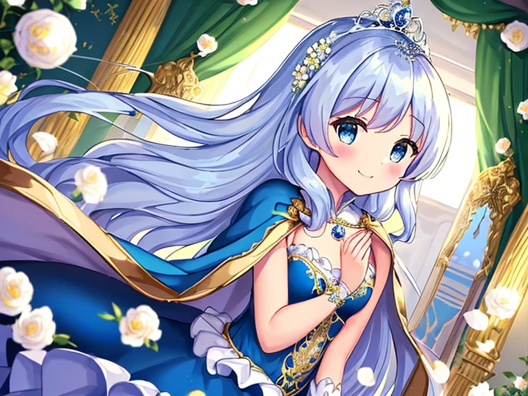 looking at viewer, upper body,(masterpiece),(best quality),(rococo style),(long train blue cape:1.15), very long cape,(long train white ball gown with flower decorations:1.1), a girl is wearing a cape over her gown, 1 little princess, tiara, smile, very long hair, small breasts