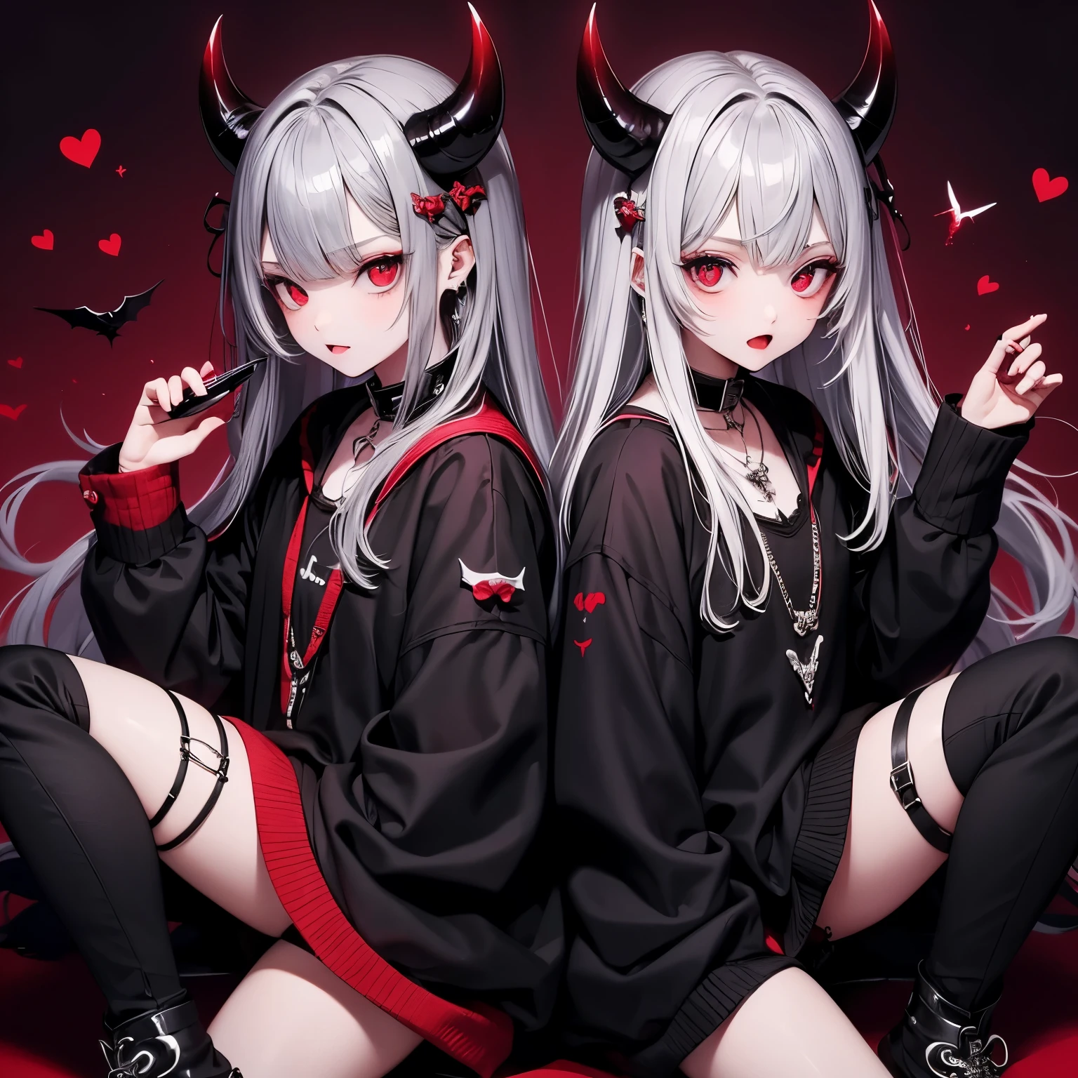 (masterpiece), Highest quality, Ultra-high resolution,黒色のリボンをつけたdevil、Silver Hair、Red eyes、Black clothing、Prank look、devil