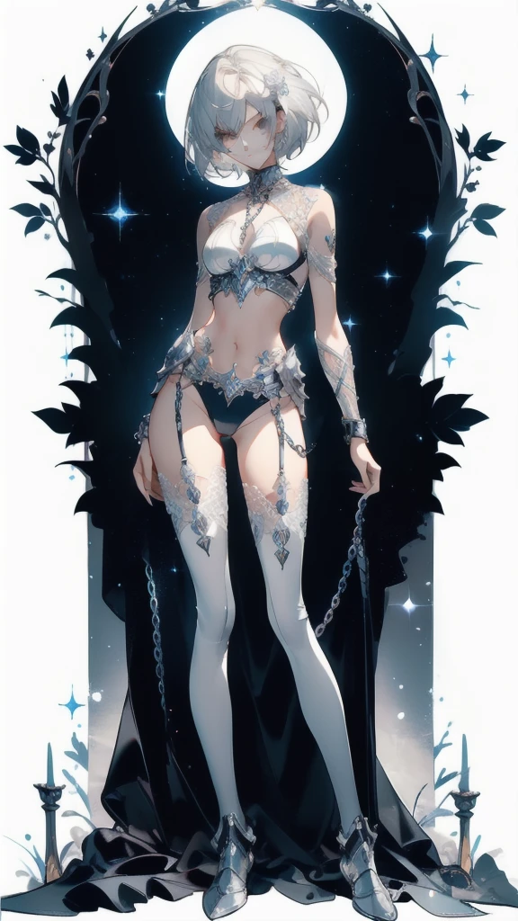 ((masterpiece, best quality)), Delicate face，knight，Standing picture，whole body，Perfect body proportions，Long legs，Handsome short hair，Beautiful silver eyes，Fantasy style，White background，Extremely beautiful，transparent，Pure white armor，Sexy bikini，chain，Tattoo，Lace，exposed