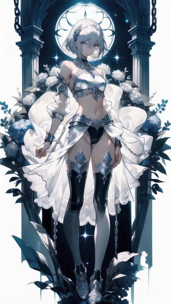 ((masterpiece, best quality)), Delicate face,knight,Standing picture,whole body,Perfect body proportions,Long legs,Handsome short hair,Beautiful silver eyes,Fantasy style,White background,Extremely beautiful,transparent,Pure white armor,Sexy bikini,chain,Tattoo,Lace,exposed