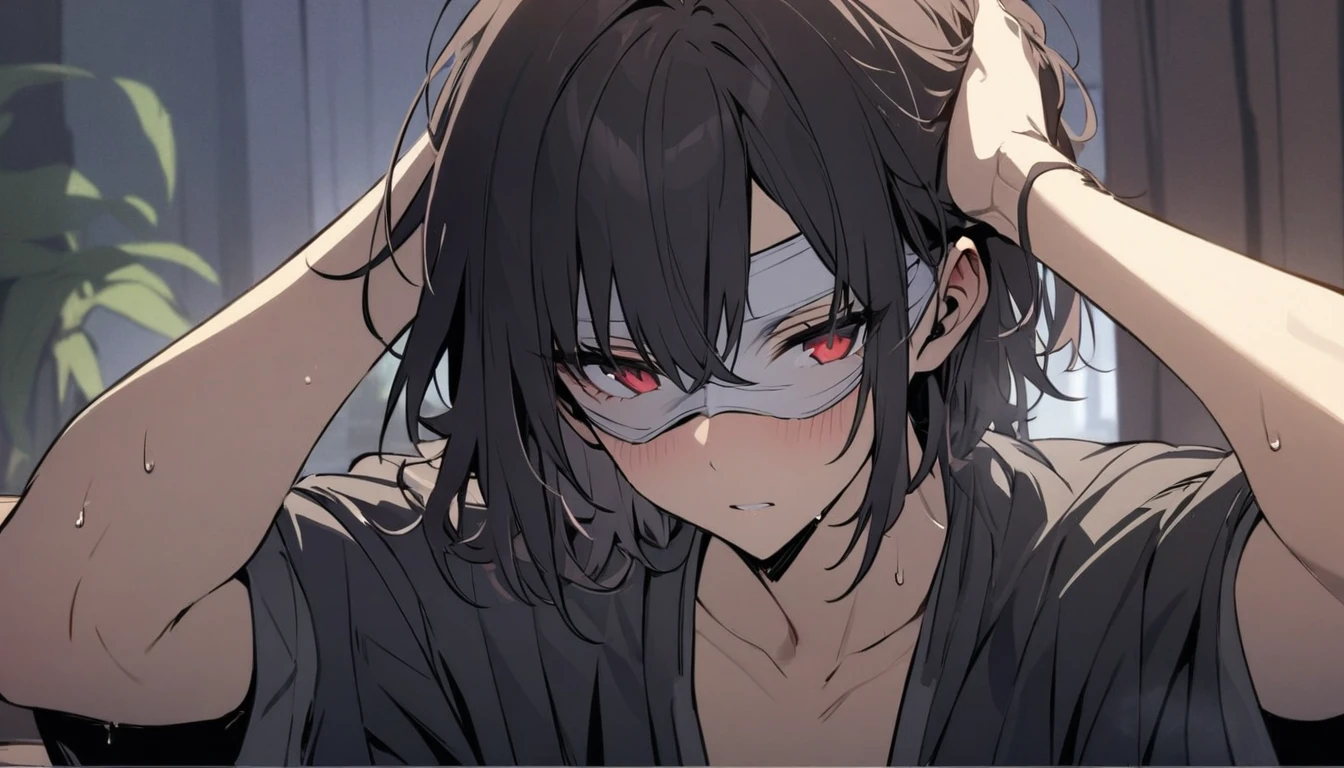 High quality, masterpiece (a boy). Dark hair. White mask. Red eyes. Blindfolded. Palm in hair.