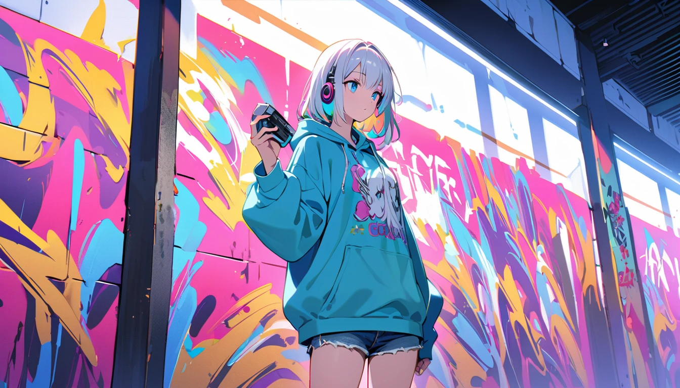 HD 8k Handsome sexy-cute, Solitary, 1 HD-8k Human focus, female, looking away Medium Length Hair, white hair, Rainbow hair, blue Eyes, Rainbow headphone, hoodie, colored hoodie, denim shorts, sneakers, outdoor, blue sky, White clouds, graffiti Popularity spray art wall, background is NEON Tokyo, “holding a cassette tape in the right hand