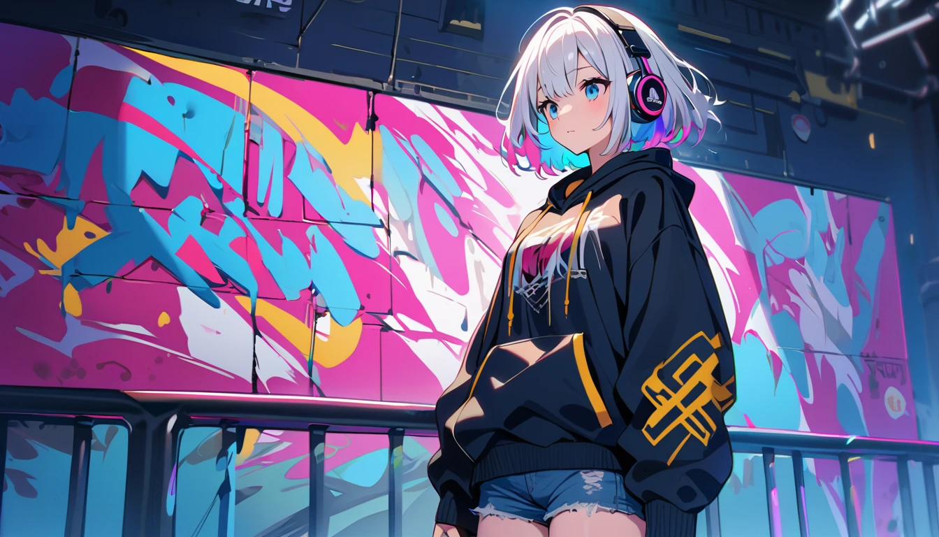 HD 8k Handsome sexy-cute, Solitary, 1 HD-8k Human focus, female, looking away Medium Length Hair, white hair, Rainbow hair, blue Eyes, Rainbow headphone, hoodie, colored hoodie, denim shorts, sneakers, outdoor, blue sky, White clouds, graffiti Popularity spray art wall, background is NEON Tokyo, “holding a cassette tape in the right hand