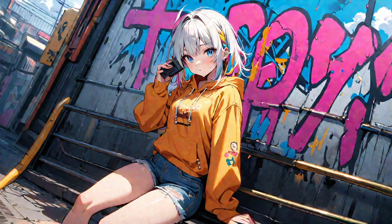 HD 8k Handsome sexy-cute, Solitary, 1 HD-8k Human focus, female, looking away Medium Length Hair, white hair, Rainbow hair, blue Eyes, Rainbow headphone, hoodie, colored hoodie, denim shorts, sneakers, outdoor, blue sky, White clouds, graffiti Popularity spray art wall, background is NEON Tokyo, “holding a cassette tape in the right hand