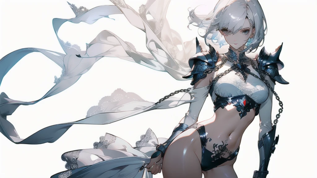 ((masterpiece, best quality)), Delicate face,knight,Standing picture,whole body,Perfect body proportions,Long legs,Handsome short hair,Beautiful silver eyes,Fantasy style,White background,Extremely beautiful,transparent,Pure white armor,Sexy bikini,chain,Tattoo,Lace,exposed