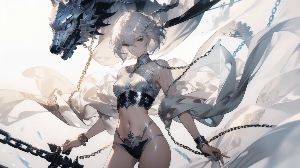 ((masterpiece, best quality)), Delicate face,knight,Standing picture,whole body,Perfect body proportions,Long legs,Handsome short hair,Beautiful silver eyes,Fantasy style,White background,Extremely beautiful,transparent,Pure white armor,y bikini,chain,Tattoo,Lace,exposed