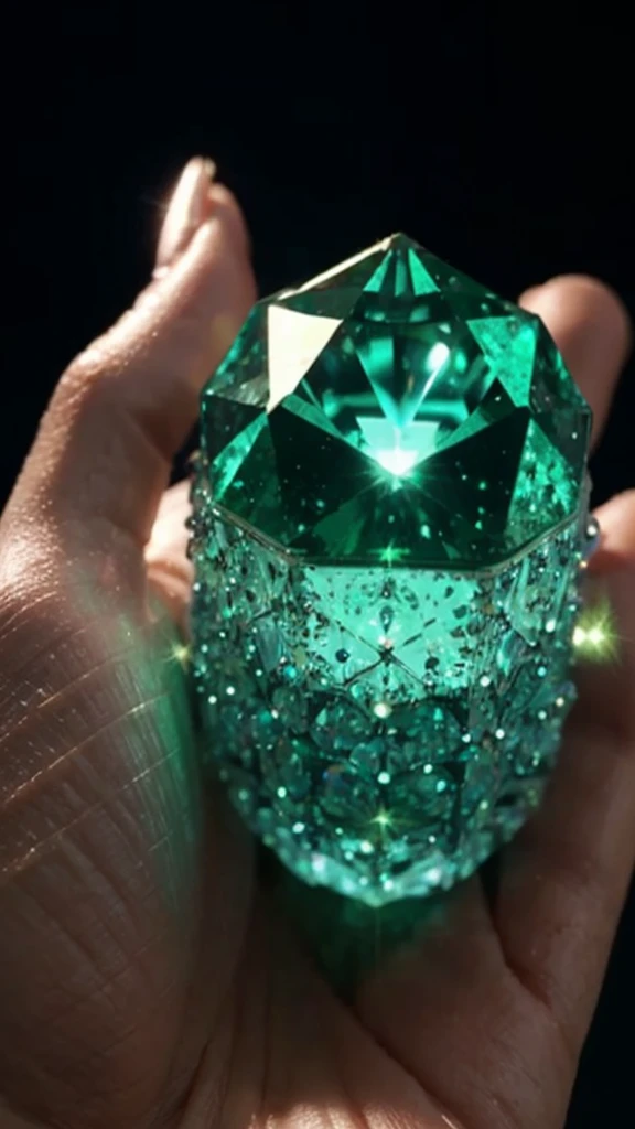a glowing emerald stone glitter, sparkling, intricate details, high quality, photorealistic, cinematic lighting, dramatic, mesmerizing, gem, precious, jewel, hypnotic, captivating, realistic, 4k, 8k, hyperdetailed