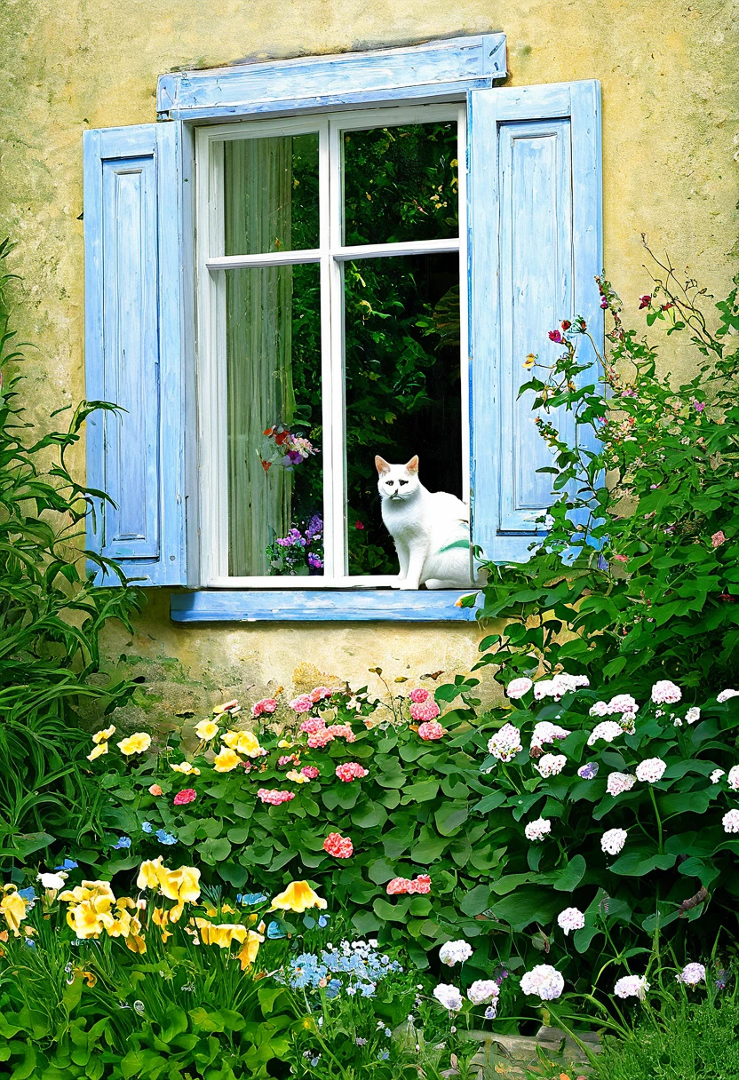 painting of a cat sitting in a window with flowers and a bird, by Carol Bove, by Nancy Spero, by Irene Lieblich, breathtaking art, by Igor Grabar, window open, by Margit Anna, window, by Nadya Rusheva, by Maksimilijan Vanka, by rainer hosch, in the garden, summer afternoon