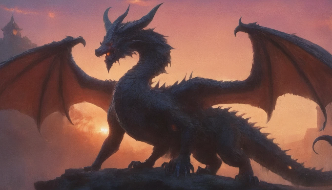 best quality,4k,8k, highres, masterpiece:1.2), ultra-detailed, extremely detailed eyes, extremely detailed body, (large masterpiece digital art), (detailed manga illustration), (detailed line art), ((perfect anatomy)), (intricate details:1.3), (ultra-detailed:1.3), (illustration:1.3), (sharp focus:1.3), (natural lighting:1.05), (vivid colors:1.3), (masterpiece), (best quality:1.4), (perfect anatomy:1.4), high quality, expressive eyes, 1 girl, breast, animal focus, bracelet, claws, dragon, magic energy, full body, gold eyes, slit pupils, horns, gold horns, dragon horns, demon horns, jewelry, monster, giant monster, no humans, open mouth, scales, fur, black fur, sharp teeth, solo, tail, teeth, sharp teeth, wings, outdoors, black scales, river, scales, scenery, sky, sunset, western dragon, yellow sky, ice, ice crystals, fire, blue fire, lightning, red lightning, elemental aura, particles, glowing particles, Jeff Bridges, ((cartoon style)), Marvel Cinematic Universe style, (((hell castle in the background))), soft bokeh of hellscape, Atey Ghailan, Jeremy Mann, Greg Manchess, Antonio Moro, trend in ArtStation, trend in CGSociety, Intricate, High Detail, Sharp focus, dramatic and photorealistic painting art by Midjourney and Greg Rutkowski,