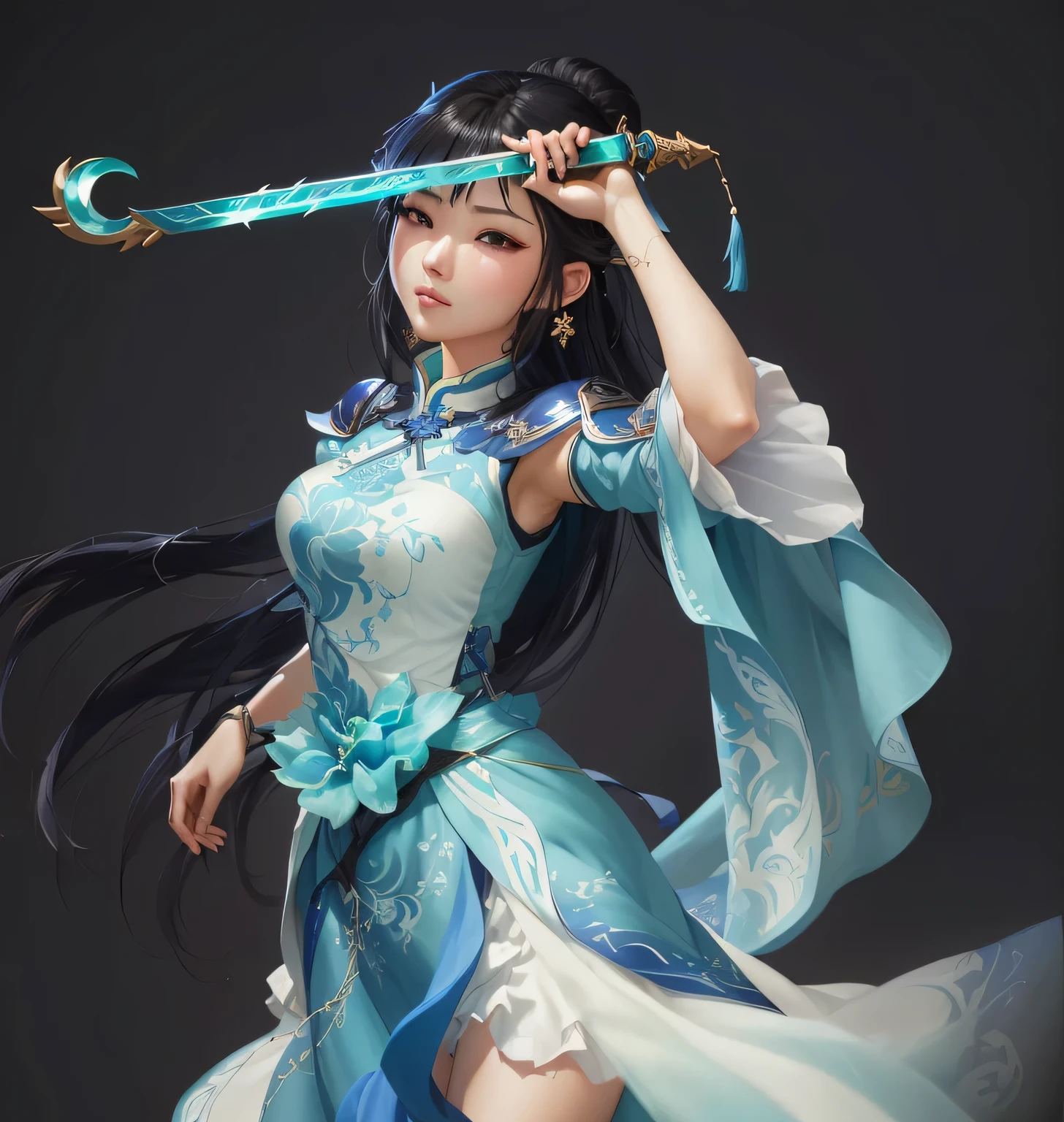 There was a woman in a blue dress holding a sword, 2. 5D CGI anime fantasy artwork, g liulian art style, Beautiful character painting, 3D Rendering Character Art 8k, deviantart artstation cgscosiety, A beautiful artistic illustration, Epic and beautiful character art, yun ling, Super detailed fantasy characters, Smooth anime CG art, by Qu Leilei