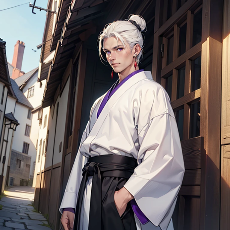 ((masterpiece)), (((best quality))), 1 male, pale white skin, white hair, braided bun on nape, handsome man, detailed background of a mansion, purple eyes, earrings, standing straight pose, japanese clothes, detailed face, highest quality, highly detailed, original, high resolution CG Unit 8k wallpaper, (best quality, artwork, masterpiece, 4k)