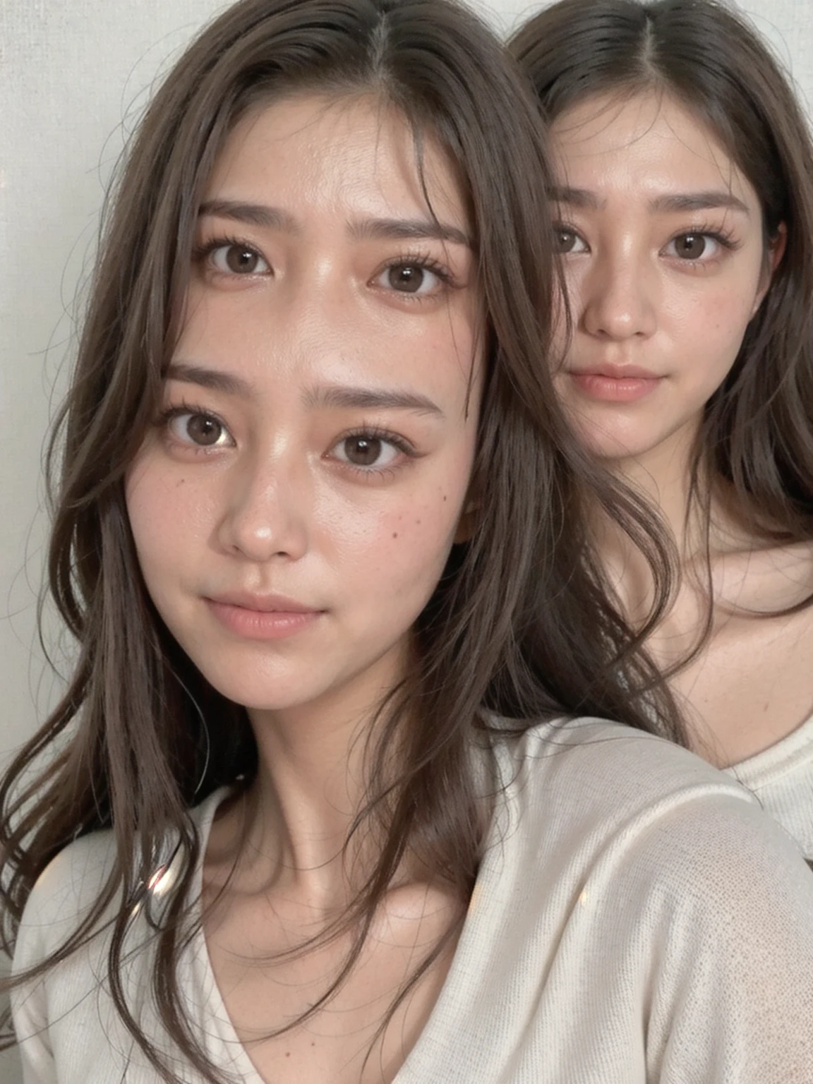 one arafed woman with long brown hair and a white shirt, south east asian with round face, without makeup, headshot profile picture, with round face, asian face, face is brightly lit,30 years old, no makeup wavy hair, taken in the early 2020s, detailed face of a asian girl