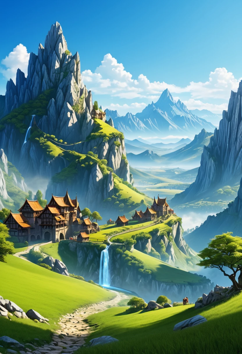 landscape of valley and mountain, clear blue sky, fantasy world medieval