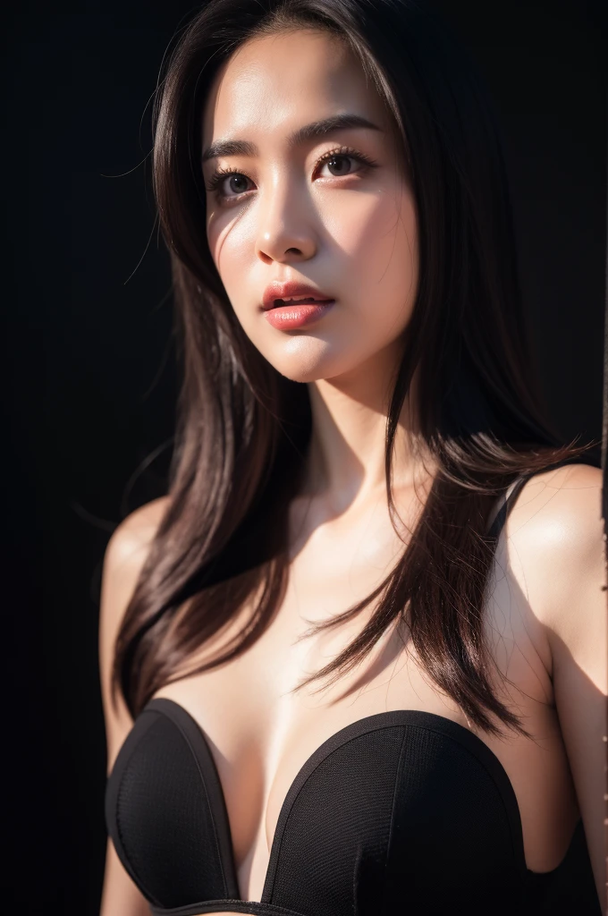 Surrealism, High detail, Cinema Lighting, Ray Tracing, viewing angle, Eye-level shot, Hyper HD, masterpiece, Textured skin, 4K, Highest quality, Japanese beauty, Dark Eyes, Black straight long hair, Thick lips, Full body dress,Japanese Background