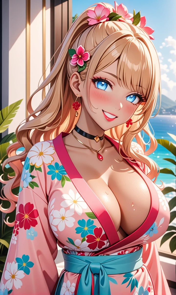 ultra-detailed, ((one girl)), (portrait), ((tan skin:1.2)), in pastel colors gyaru, (heavy makeup),  hyper detailed, absurdres, 8k, Beautiful Face, ((smiling:1.3)), ((teasing smile:1.2)), ((sweat)), ((Wink:1.5)), (Laugh with your mouth wide open),((Tilt your face:1.6)), (professional lighting), View your viewers, ((Bright red cheeks:1.6)),Glossy Red Lips, ((huge breasts:1.3)), ((undressing:1.2)), pink nipple, noon, summer, Luxury hotel with sea view, Foliage plant, ((Anime style background)),masterpiece, Highest quality, so beautiful,Latest, Complex details, ((Long neon pink nails)), (nail art), (ring),(bracelet), (Floral Choker),AI-generated, Complex,High resolution, Highest quality, super high quality,3D Images、3D Images,One person,Blonde long hair,(High Ponytail), (wavy hair:1.3), Blonde anime woman posing for a photo, ((Fine grain、blue eyes、glowing eyes:1.3)), (Squint your eyes:1.1),a hyperRealistic , hyperRealistic , Realistic,Anime woman with long pastel yellow hair, Smooth anime CG art, A girl in a gorgeous pastel-colored kimono,  ((Pastel-colored furisode)),(Pink large floral pattern), (side boob), Long flower hair ornament,big hoop earrings, Mature Body, tall,Narrow waist,((looking forward:1.3)),  front view, ((upper body)),