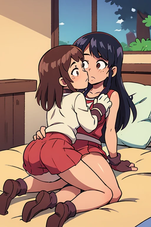 two tennis girls kiss each other intimately with massive rear butt cheeks out of bottomless slutty mini sweater out bare and brown boots, showing their butts, lying down, on bed, wearing oven mittens under big pillow, blindfolds
