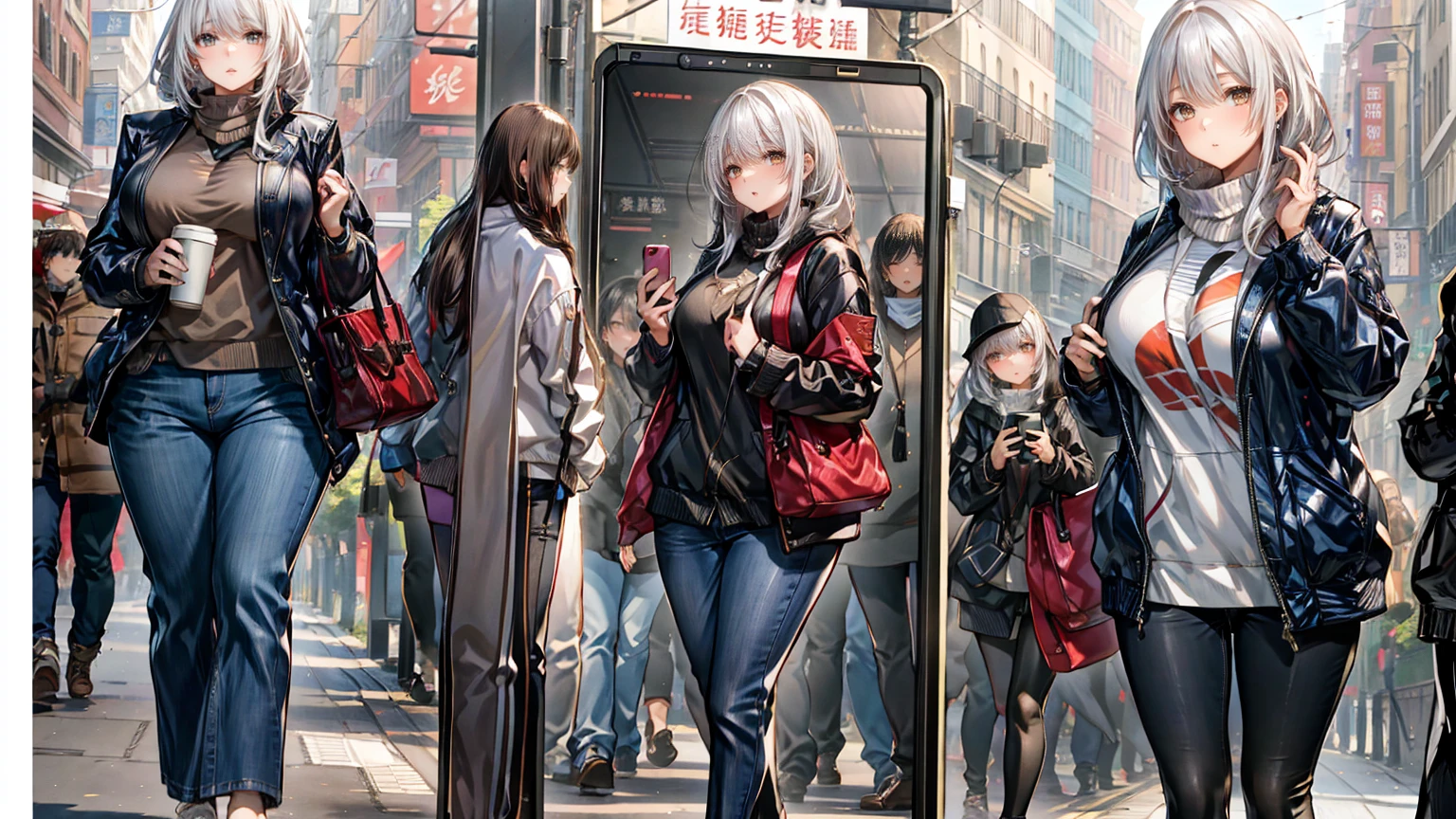 A photographture_compare,Huge ,(Mature Woman:1),Brunette color hair,Long white hair,Telephone,携帯Telephone,smartphone,hand-held,photograph、Dating、Casual wear、tinder　smartphone画面はスケベな衣装