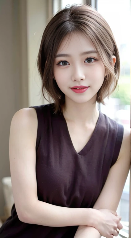 blush a little and smile, (Top quality masterpiece:1.2) Delicate illustrations, Very detailed, /Beautiful Japanese Women、1 person,Very cute and slim、Great style 、((8k images、super high quality))、Very delicate face, Skin and Hair、beautifule forehead、Red lipstick、(((((short hair、Blonde、lure))))),Very cute Japanese cut face、Eyes and nose are clearly visible、Kind eyes,((((Sleeveless fashion))))