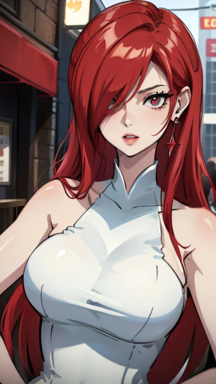 Dinner with skyscrapers Restaurant Night View Neon Cyberpunk Big City, gorgeous woman, red eyes, red hair, long bangs, Face ultra detailed, expressive, strong makeup, jantar, wine, bangs covering the left eye, chic