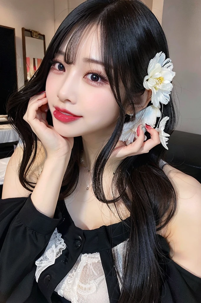 8k,(NSFW、cum on tongue)、(Glamorous Body、Big Tits、busty breasts:1.8)、Long black hair、Super beautiful woman、double eyelids、Tear bags、Big, round eyes、Long eyelashes)、highest quality、smile