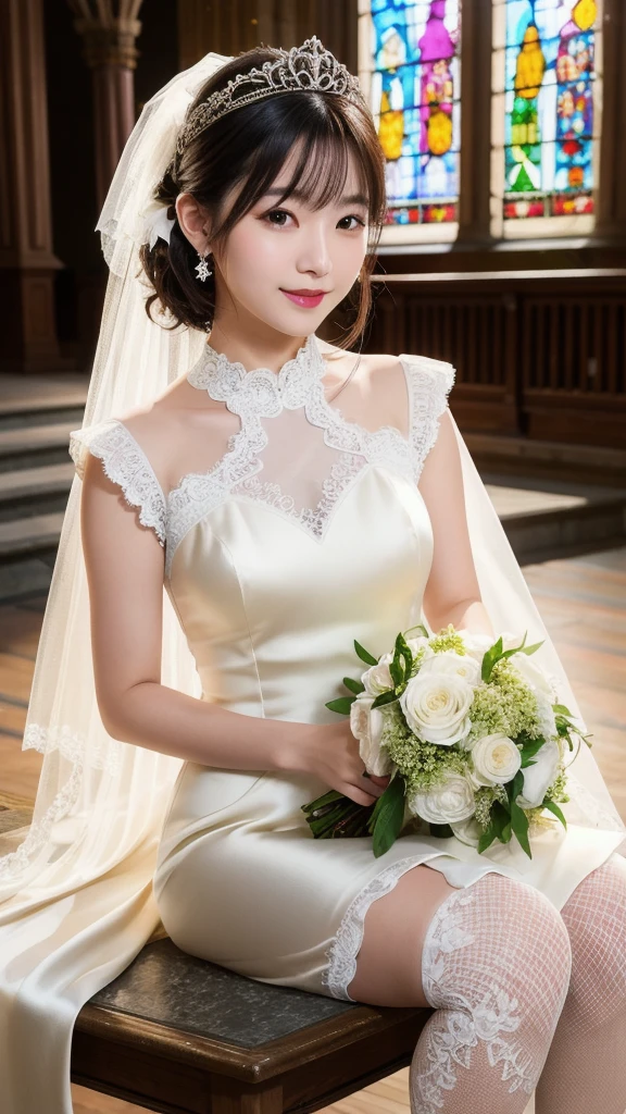 (8k, Photorealistic, Raw photo, Highest quality: 1.4),Japanese idol-style beautiful girl,model,1 person,18-year-old,(Short Bob),(Black Hair),tiara,She has her hair tucked behind her ears,Clear grey eyes,Long eyelashes,Eyeliner,eyeliner,(piercings(small)),cheek(Beige brown color),(Lip gloss(Deep vermilion)),lips(Plump,glossy),Translucent white and finely textured skin,thin long neck,Thin and delicate shoulders,(Lace gloves(White)),(Wedding Bouquet),(Wedding dress((Silk Fabric),(Frills),(Lace embroidery),(Plumpしたロングスカート :1.1))),(layer),(Fishnet tights(White)),(High heels(White)),(Background of a Gothic-style stone church with stained glass windows),Smiling at the camera,Full body portrait