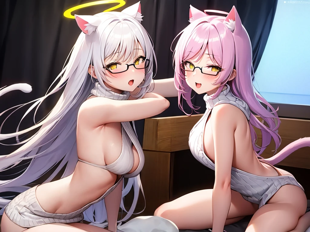 A 20-year-old female angel with long hair, white hair, yellow eyes, cat ears, cat tail, breasts, and white angel wings. A glowing yellow halo ring overhead. Wear round glasses (White halter turtleneck sweater, white purekiller sweater, sleeveless, sexy backless sweater, white dress) white arm warmers Open mouth, stick out tongue, bedroom, 2 people