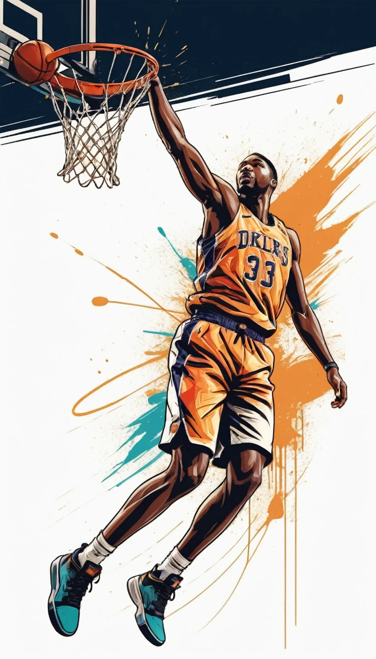 A powerful and dynamic game-winning dunk, slum dunk, long flight, suspended in the air,  full body shot, simple line art style, ink-ended brushstrokes, hard brush texture, expressive and abstract